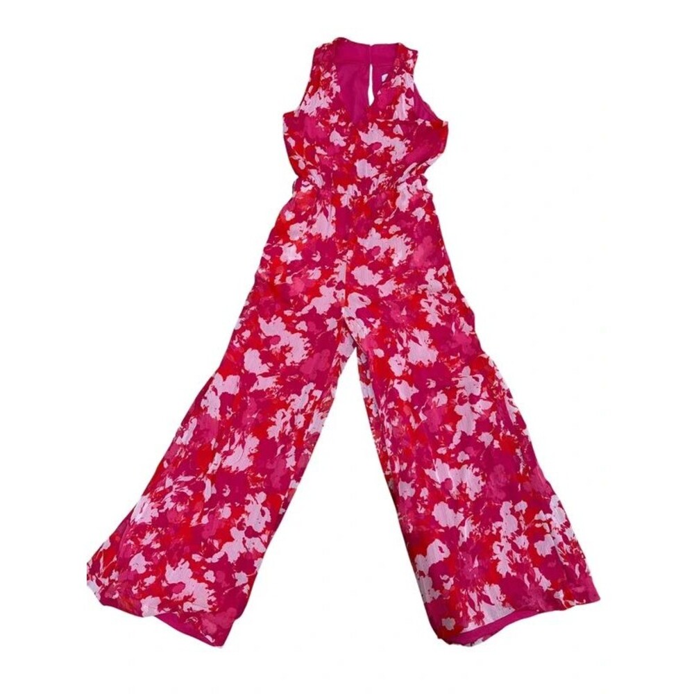 Calvin Klein Pink Red Floral Wide Leg Jumpsuit Size 4 V Neck Sleeveless